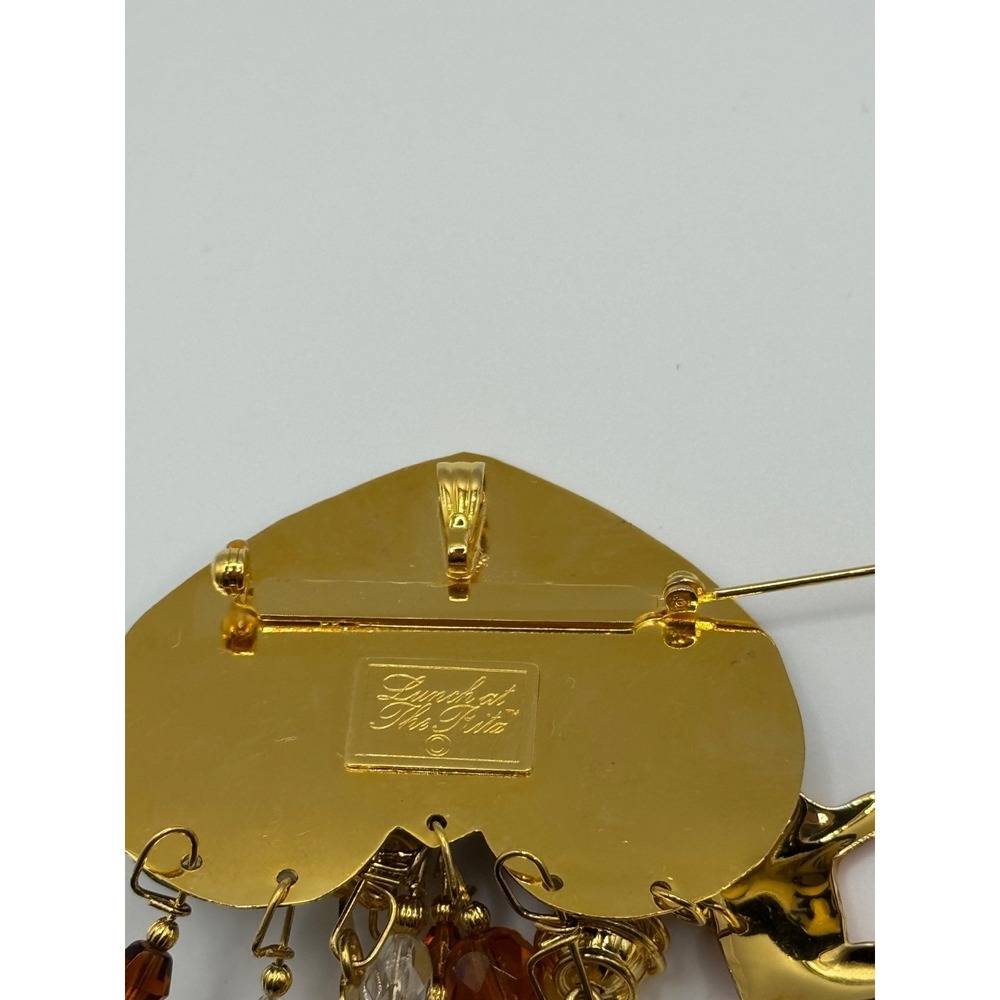 Lunch At The Ritz Cat Rhinestone Enamel Dangle Brooch - Picture 13 of 13